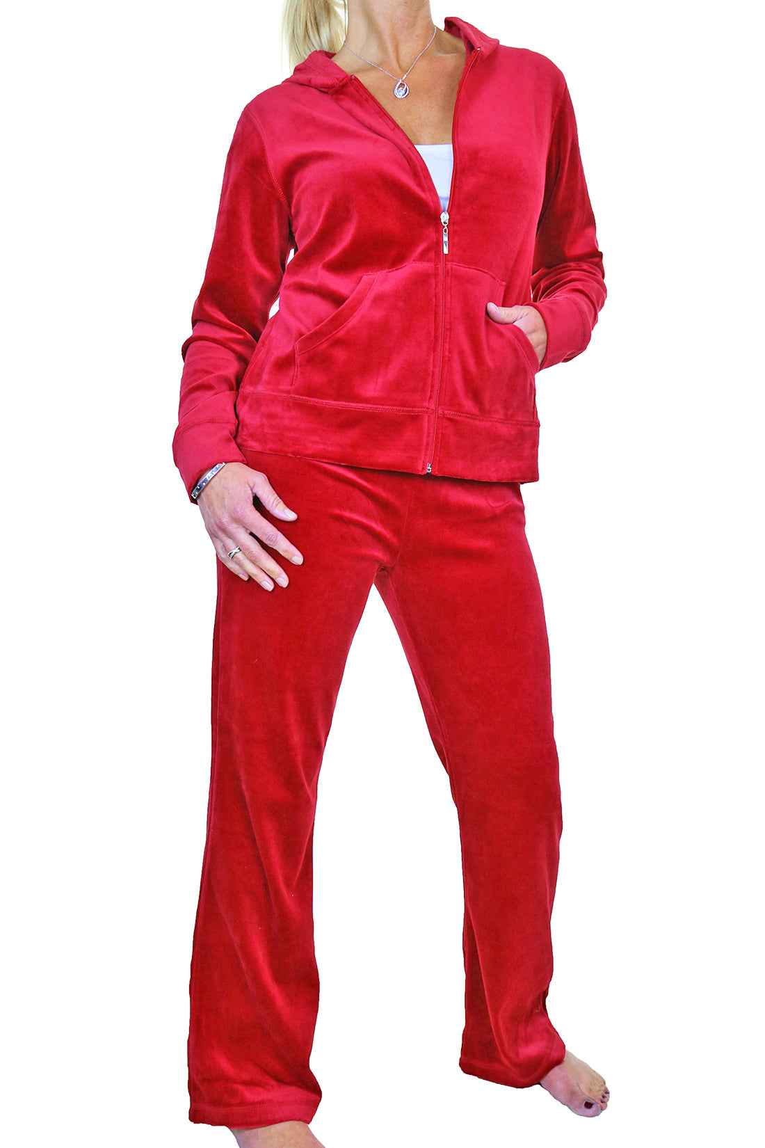 Soft Hooded Velour Tracksuit Bright Red