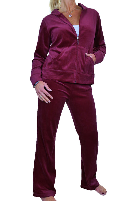 Soft Hooded Velour Tracksuit Wine Red