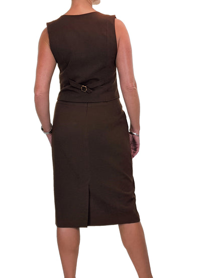 Smart Detailed Office Waistcoat Skirt Suit Brown