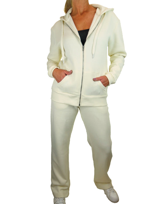 Soft Fleece Back Hooded Tracksuit Set Cream
