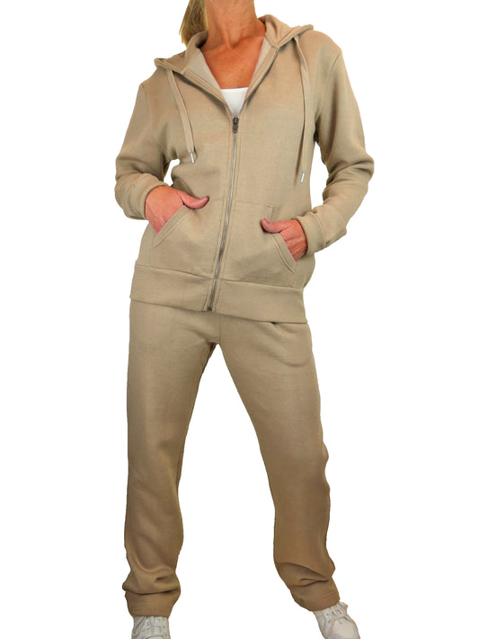Soft Fleece Back Hooded Tracksuit Set Beige
