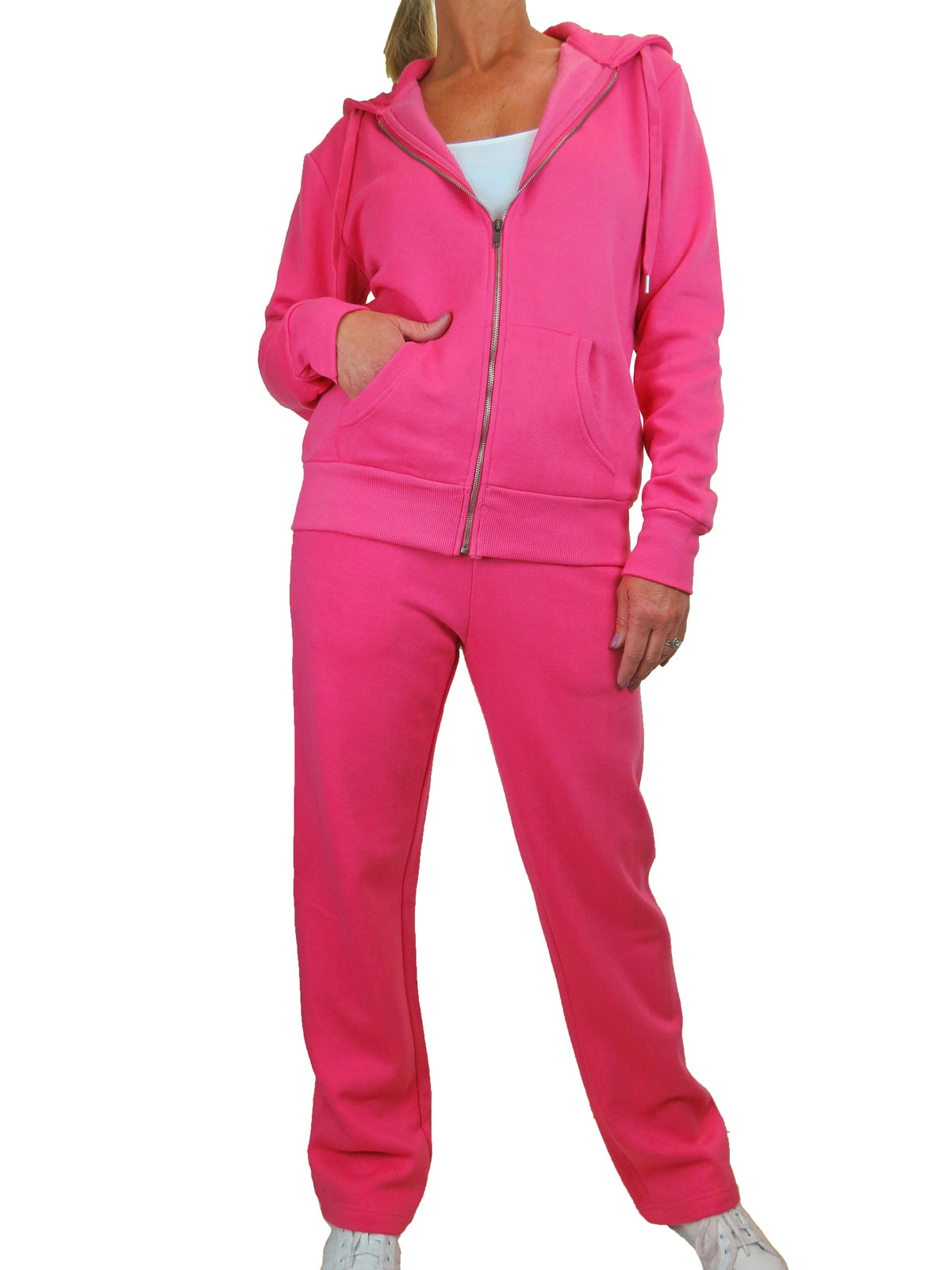 Soft Fleece Back Hooded Tracksuit Set Hot Pink