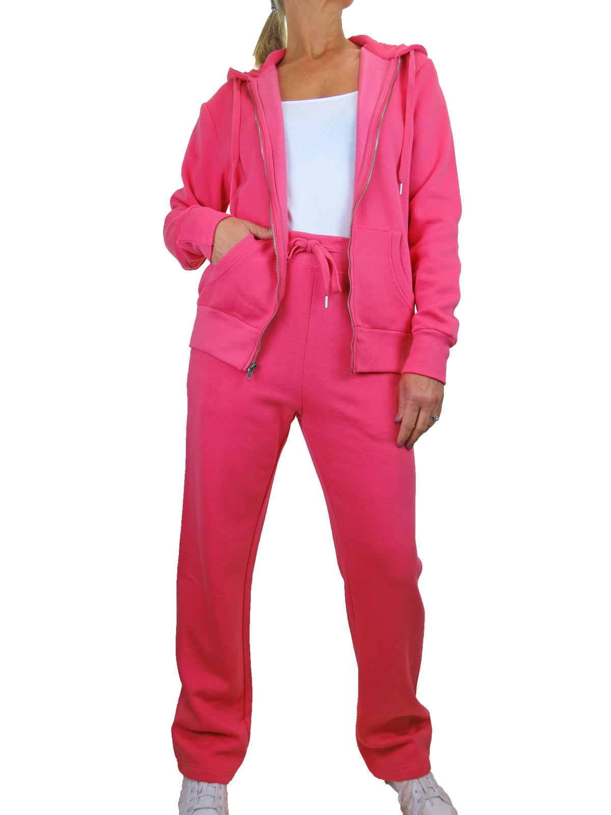 Soft Fleece Back Hooded Tracksuit Set Hot Pink