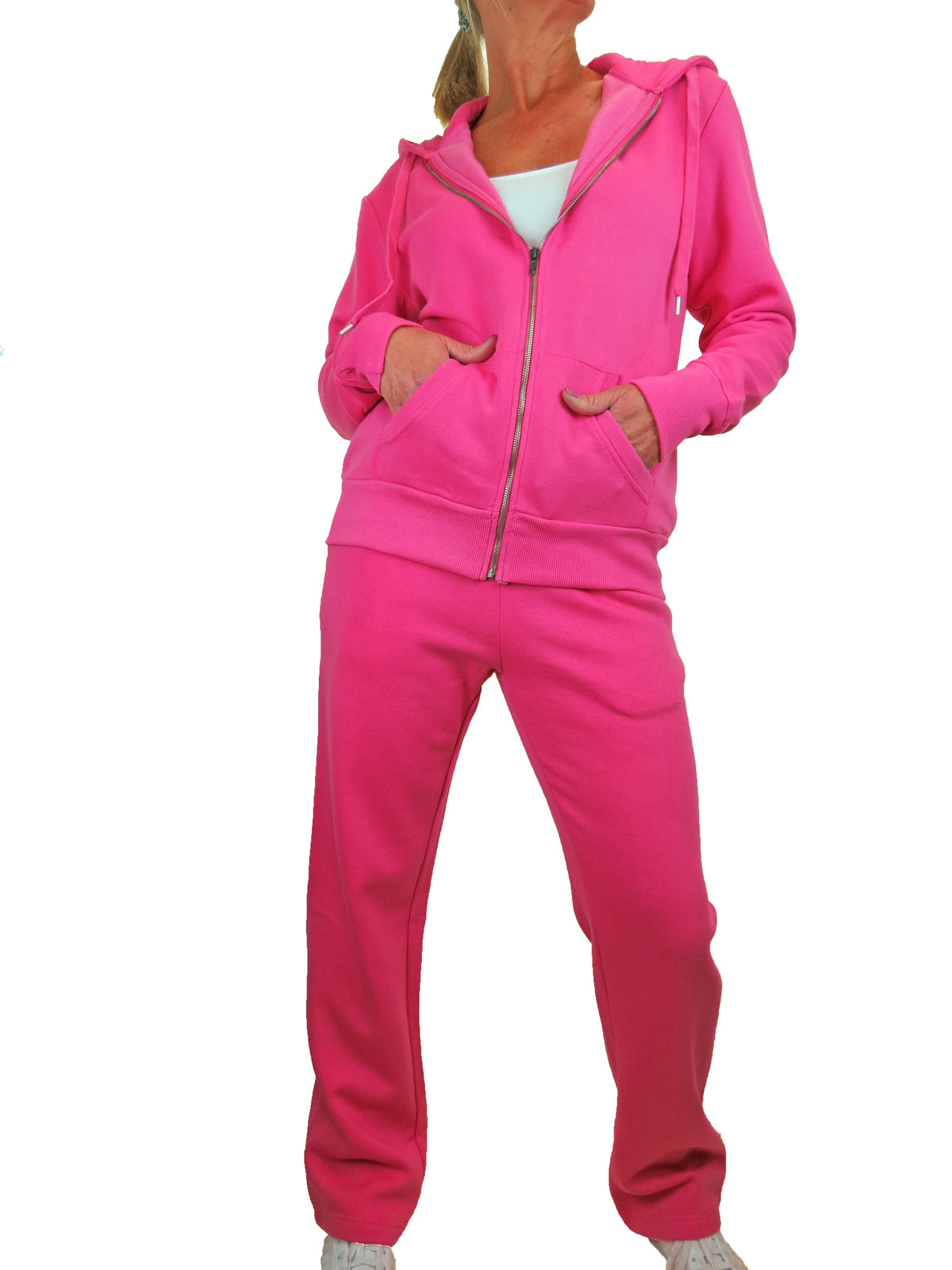 Soft Fleece Back Hooded Tracksuit Set Hot Pink