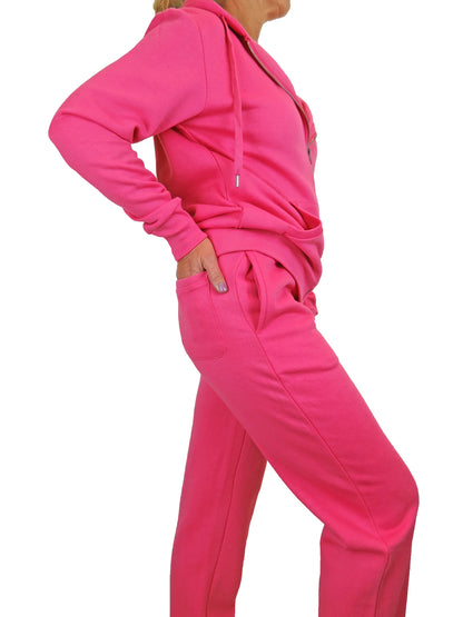 Soft Fleece Back Hooded Tracksuit Set Hot Pink