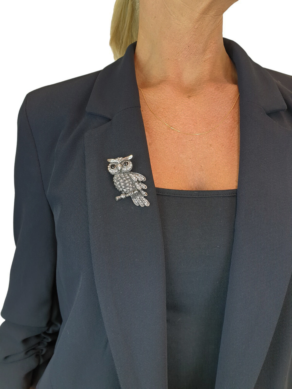 Perching Owl Diamante Brooch Dark Silver