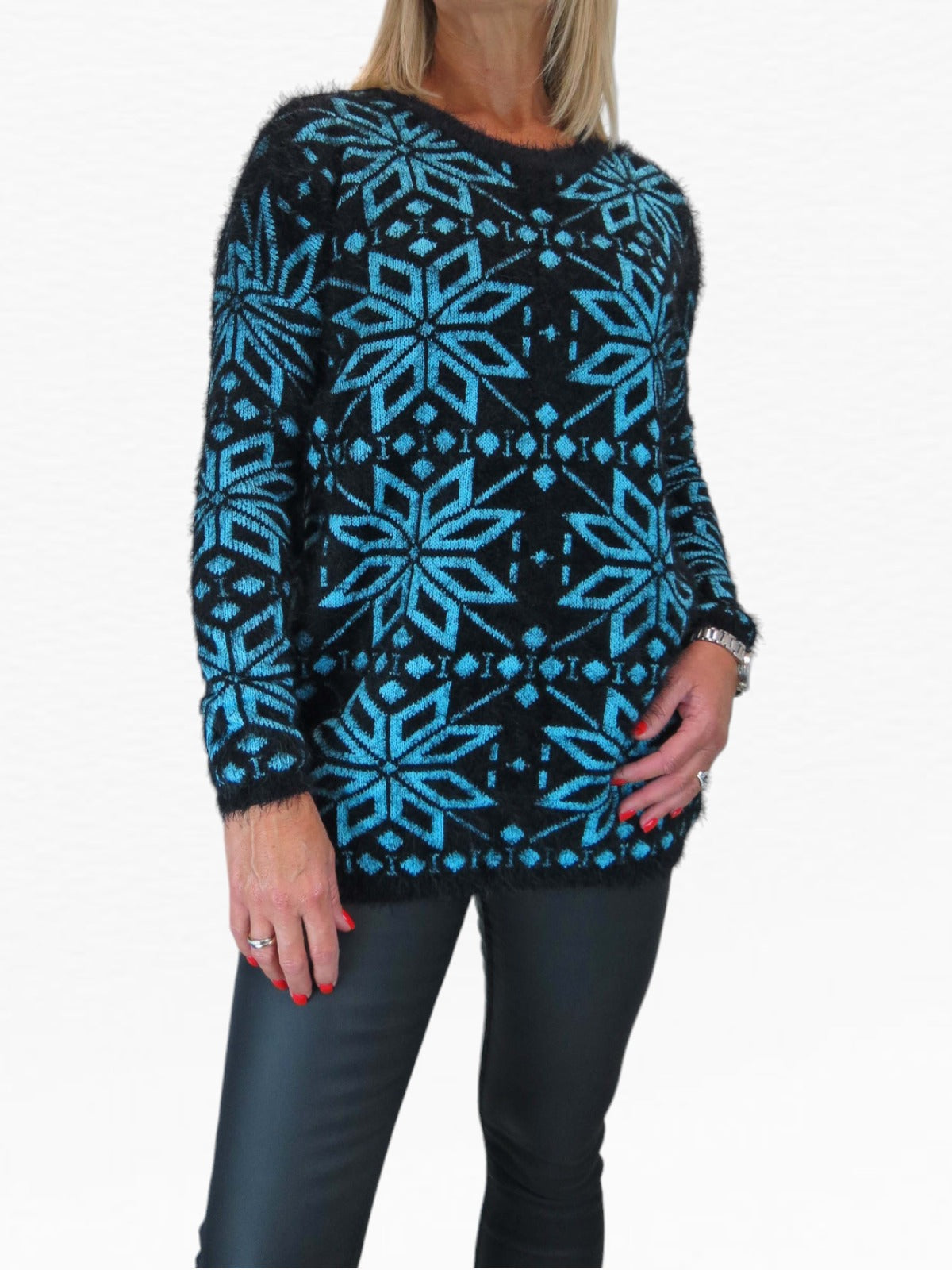 Women's Christmas Snowflake Fluffy Knit Jumper Turquoise Blue