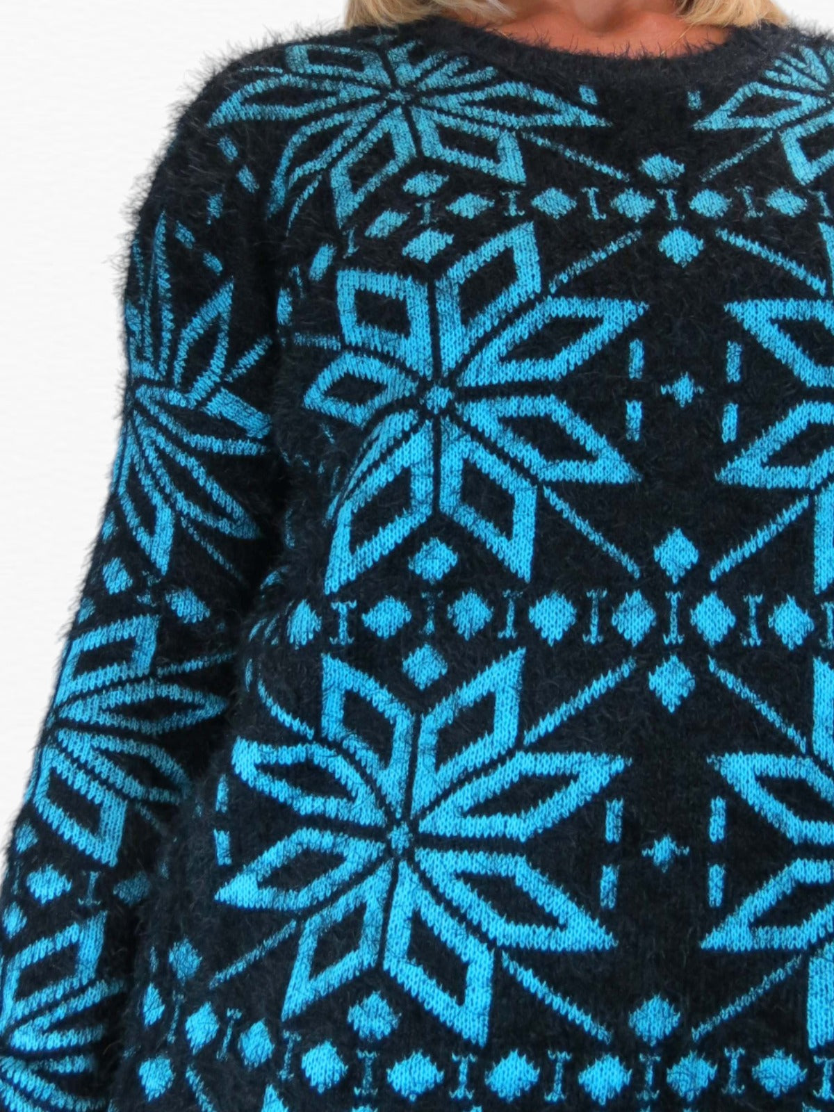 Women's Christmas Snowflake Fluffy Knit Jumper Turquoise Blue