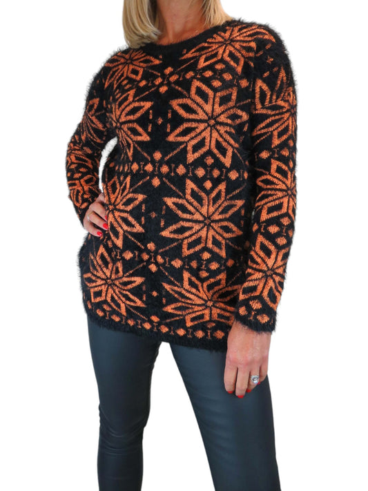 Women's Christmas Snowflake Fluffy Knit Jumper Orange
