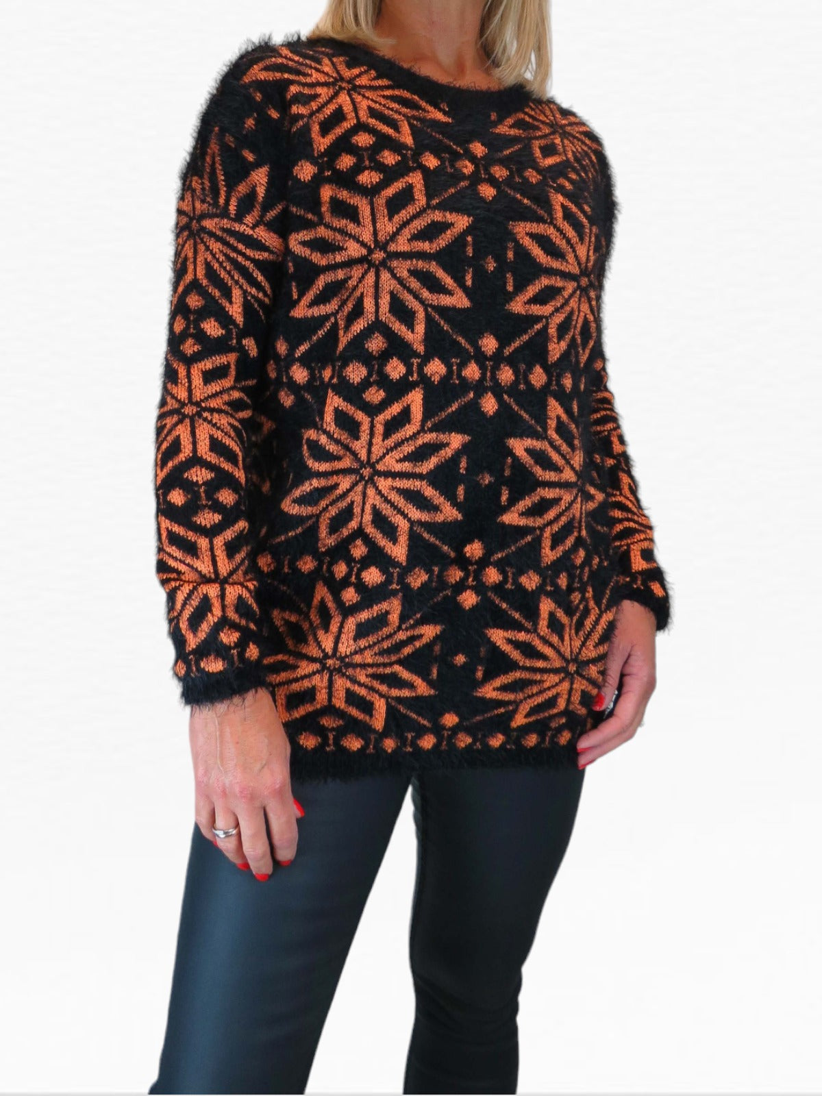 Women's Christmas Snowflake Fluffy Knit Jumper Orange