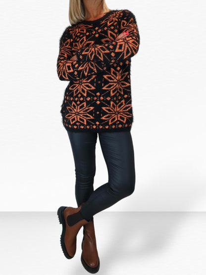 Women's Christmas Snowflake Fluffy Knit Jumper Orange
