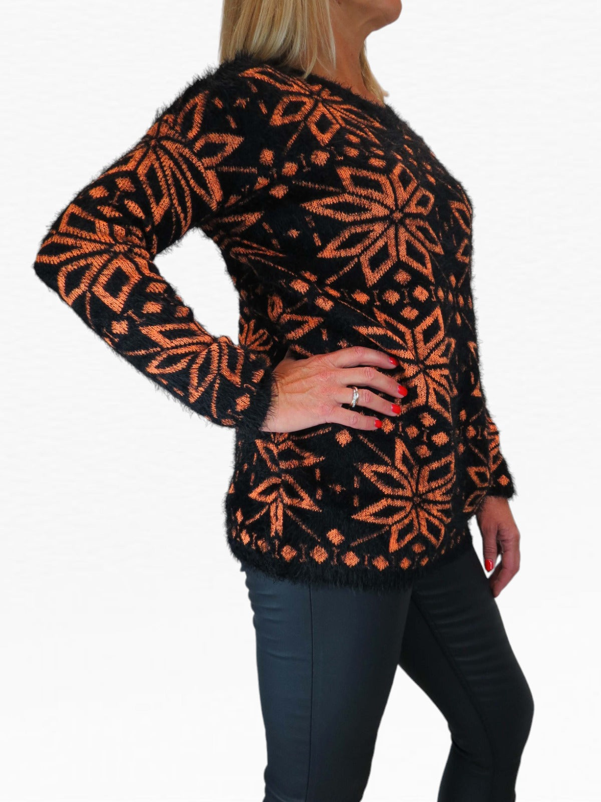 Women's Christmas Snowflake Fluffy Knit Jumper Orange