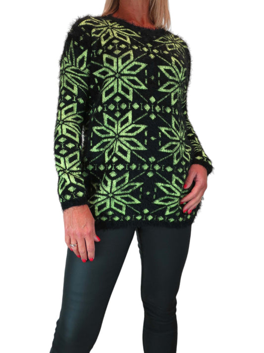 Women's Christmas Snowflake Fluffy Knit Jumper Lime Green