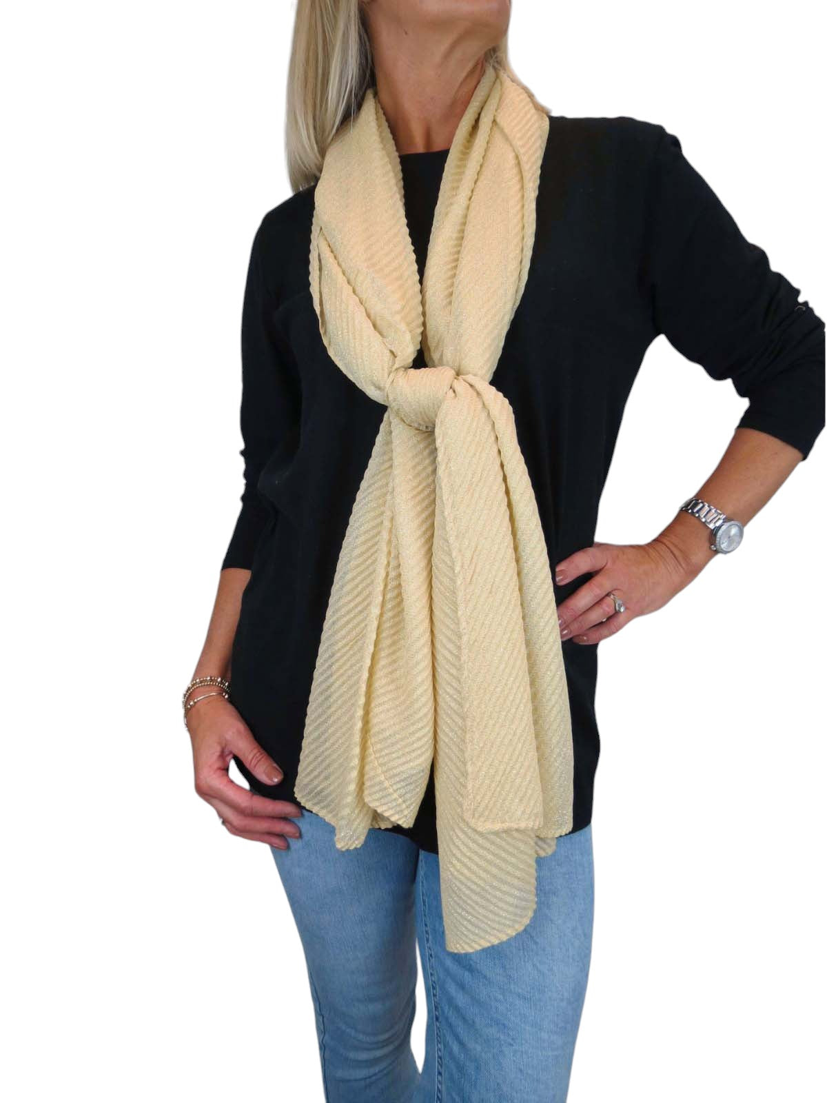 Golden Shimmer Evening Shawl With Pleated Crinkle Scarf Golden Beige