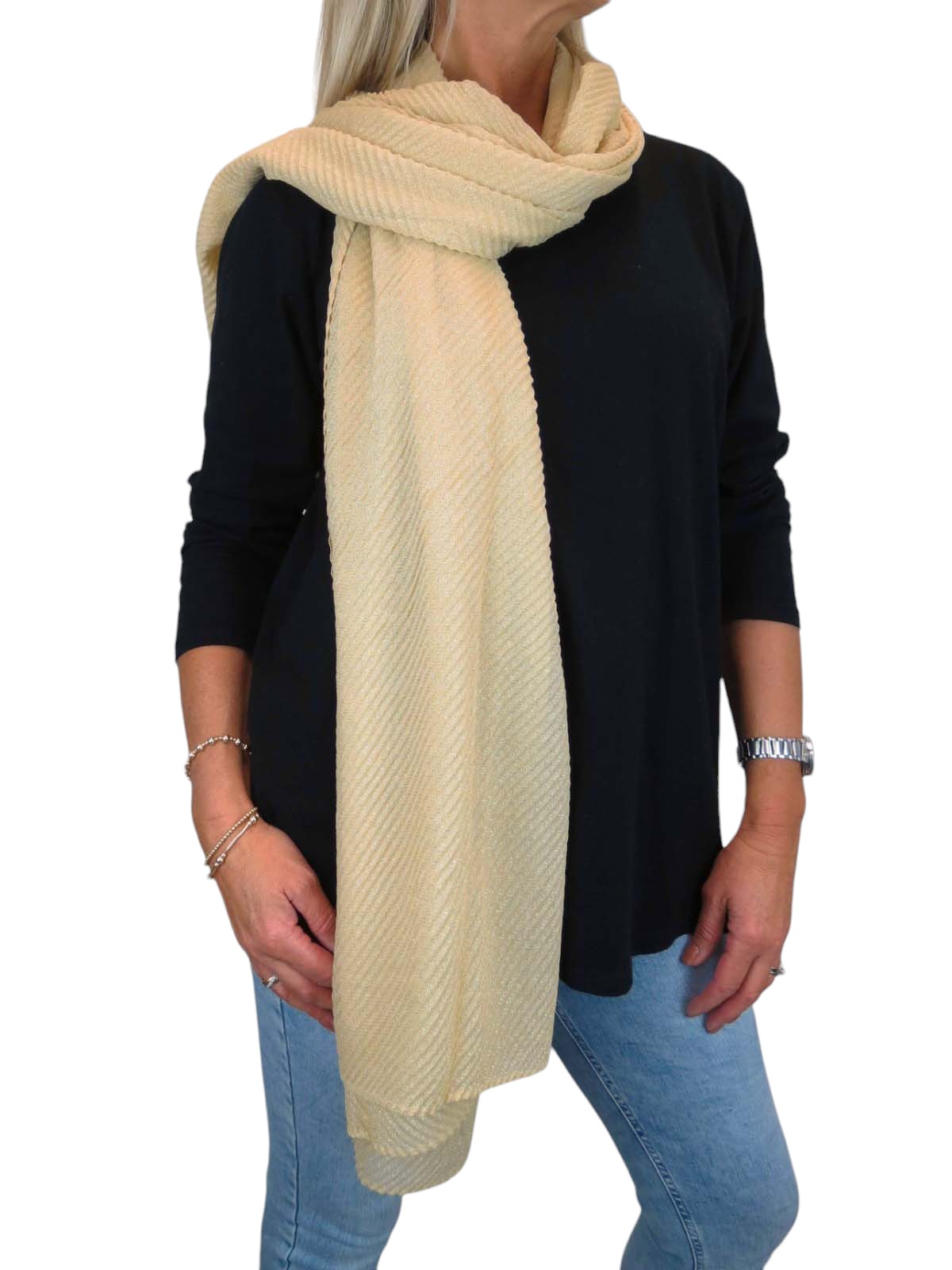 Golden Shimmer Evening Shawl With Pleated Crinkle Scarf Golden Beige