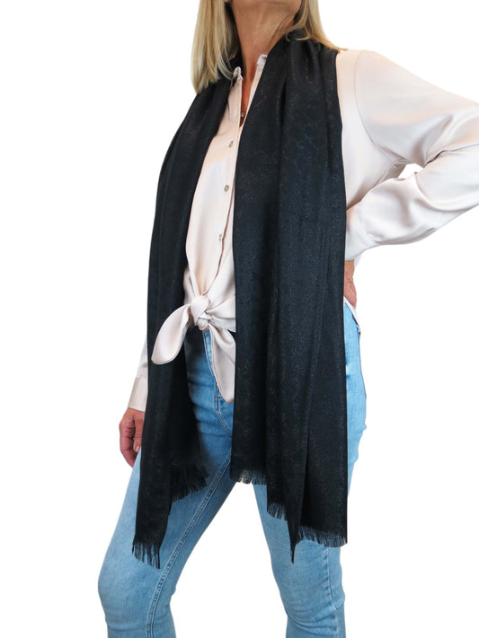 Shimmer Leopard Print Shawl Wrap Scarf with Fringing Black
