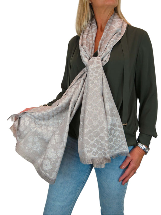 Shimmer Leopard Print Shawl Wrap Scarf with Fringing Beige/Grey