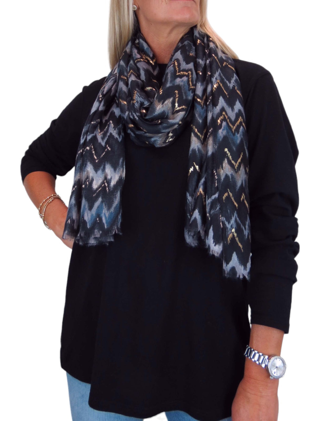 Golden Wave Design Fashion Scarf Oversized Scarves Black