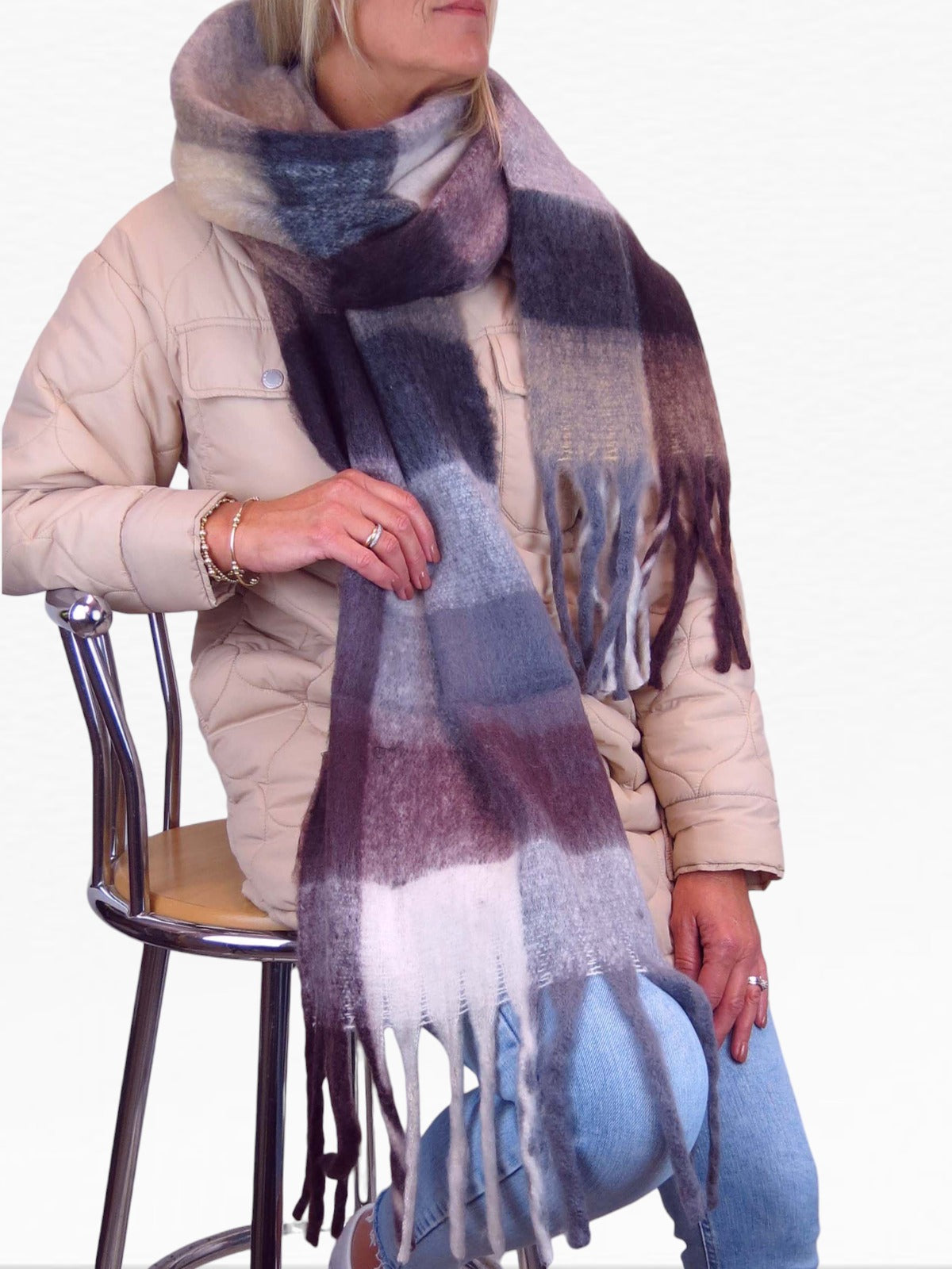 Soft Checked Wool Blend Winter Blanket Scarf Brown/Beige