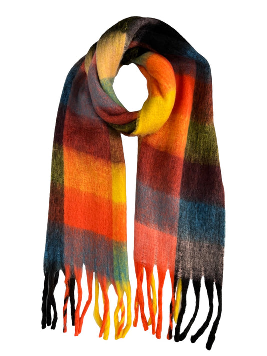 Soft Checked Wool Blend Winter Blanket Scarf Orange/Yellow