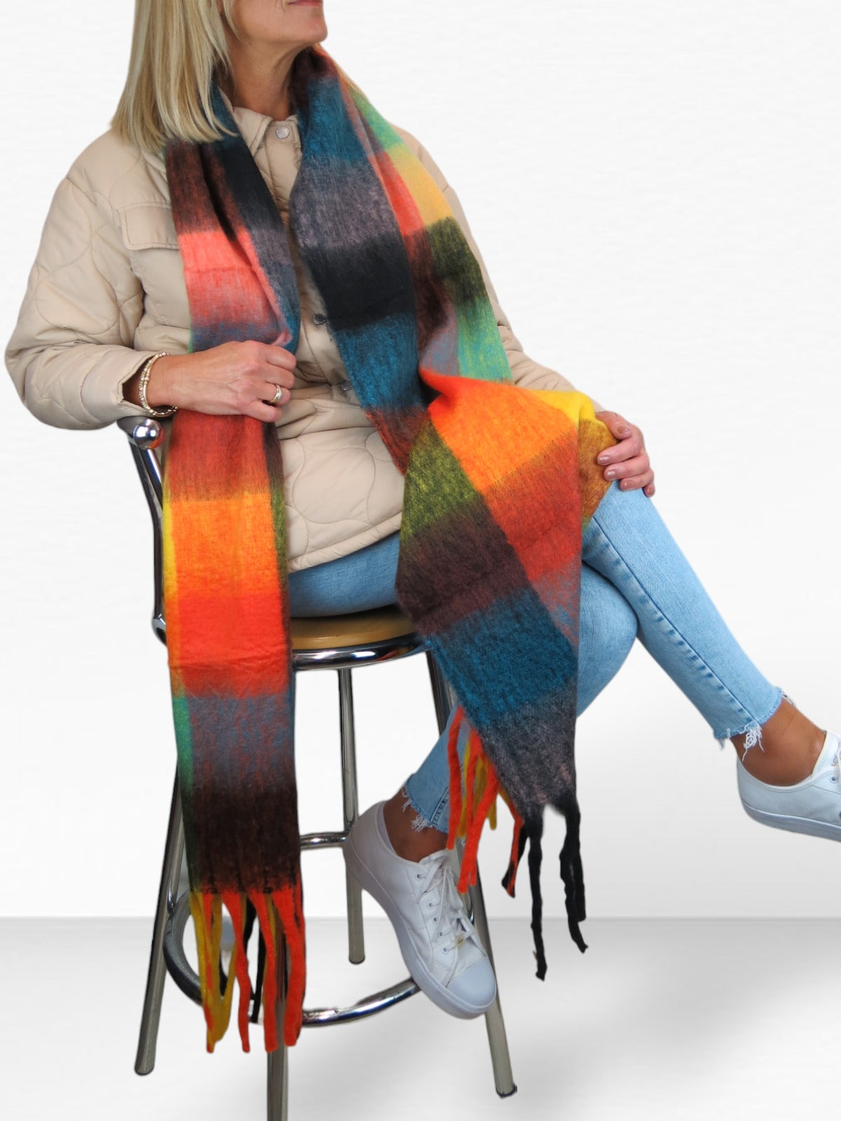 Soft Checked Wool Blend Winter Blanket Scarf Orange/Yellow